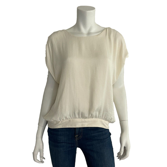 Anthropologie Tops - Anthropologie L Blouse Cream Short Sleeve Elastic Trim Open Wrap Back Top Shirt